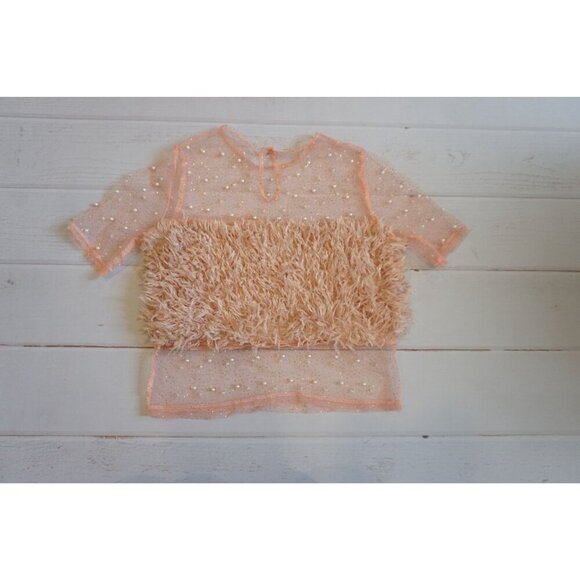 Shein Pearl-Embellished Mesh & Faux Fur Crop Top - Size M - Picture 6 of 6